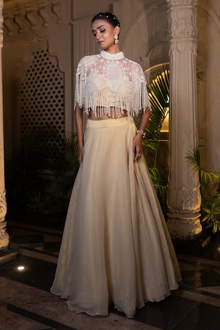 Buy_Farha Syed_Ivory Tissue, Chiffon Pearls, Sequins, Cut Work Round Beige Cape Lehenga Set _Online_at_Aza_Fashions