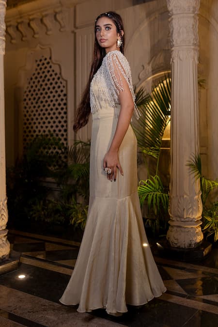 Shop_Farha Syed_Ivory Tissue, Chiffon Pearls, Sequins Round Neck Beige Fishcut Gown With Cape _Online_at_Aza_Fashions