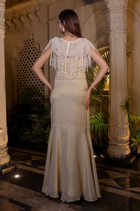 Farha Syed Ivory Beige Fishcut Gown With Cape 