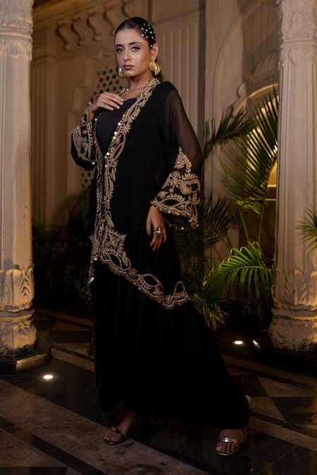 Buy Farha Syed Black Georgette Embroidery Round Neck Bamberg Satin Draped Gown And Jacket Online at Aza Fashions Buy_Farha Syed_Black Georgette Embroidery Round Neck Bamberg Satin Draped Gown And Jacket _Online_at_Aza_Fashions
