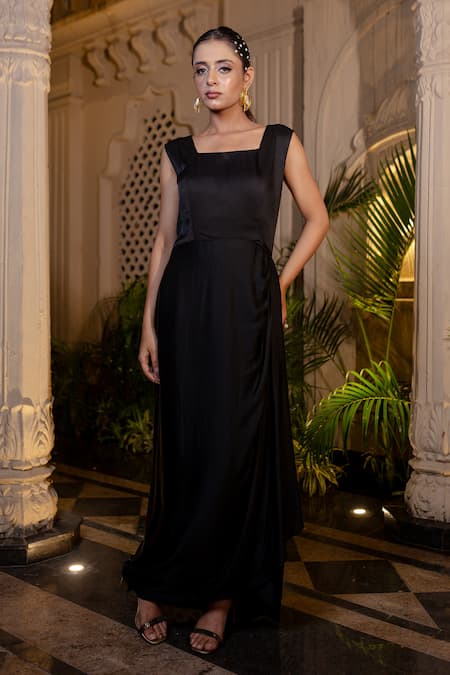 Shop Farha Syed Black Georgette Embroidery Round Neck Bamberg Satin Draped Gown And Jacket Online at Aza Fashions Shop_Farha Syed_Black Georgette Embroidery Round Neck Bamberg Satin Draped Gown And Jacket _Online_at_Aza_Fashions