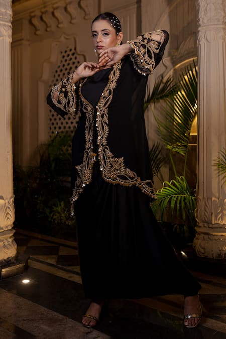 Farha Syed Black Georgette Embroidery Round Neck Bamberg Satin Draped Gown And Jacket at Aza Fashions Farha Syed_Black Georgette Embroidery Round Neck Bamberg Satin Draped Gown And Jacket _at_Aza_Fashions
