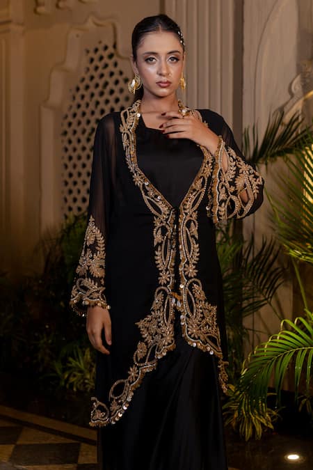 Buy Farha Syed Black Georgette Embroidery Round Neck Bamberg Satin Draped Gown And Jacket Buy_Farha Syed_Black Georgette Embroidery Round Neck Bamberg Satin Draped Gown And Jacket