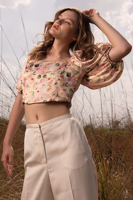 AFRIYA Pink Linen, Satin Square Neck Whispering Pastels Crop Top Online at Aza Fashions AFRIYA_Pink Linen, Satin Square Neck Whispering Pastels Crop Top _Online_at_Aza_Fashions