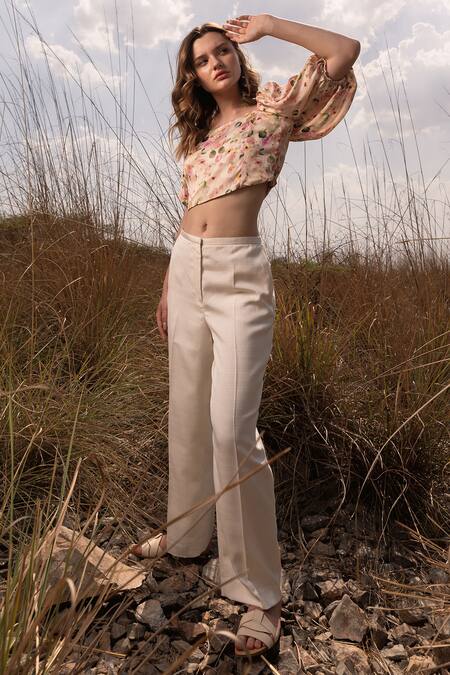 AFRIYA Pink Linen, Satin Square Neck Whispering Pastels Crop Top at Aza Fashions AFRIYA_Pink Linen, Satin Square Neck Whispering Pastels Crop Top _at_Aza_Fashions