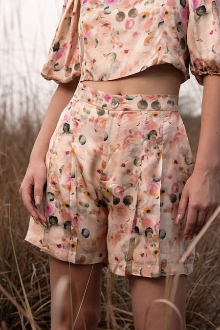 AFRIYA_Pink Linen, Satin Whispering Pastels Shorts _Online_at_Aza_Fashions