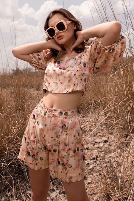 Buy_AFRIYA_Pink Linen, Satin Whispering Pastels Shorts _Online_at_Aza_Fashions