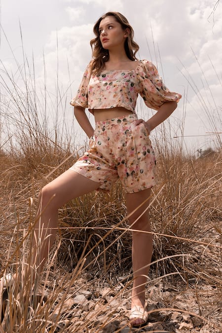 AFRIYA Pink Linen, Satin Square Neck Whispering Pastels Crop Top And Shorts Co-ord Set 