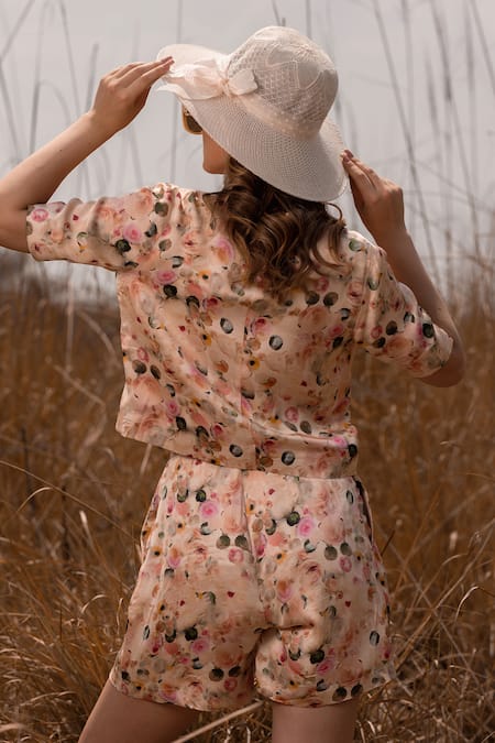 Shop AFRIYA Pink Linen, Satin Whispering Pastels Blazer And Shorts Co-ord Set at Aza Fashions Shop_AFRIYA_Pink Linen, Satin Whispering Pastels Blazer And Shorts Co-ord Set _at_Aza_Fashions