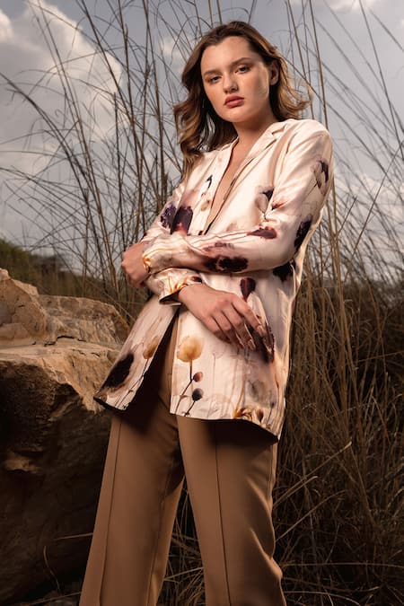 AFRIYA_Pink Linen, Satin Serene Garden Long Blazer _Online_at_Aza_Fashions