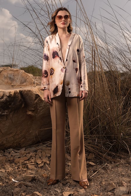 AFRIYA_Pink Linen, Satin Serene Garden Long Blazer _at_Aza_Fashions