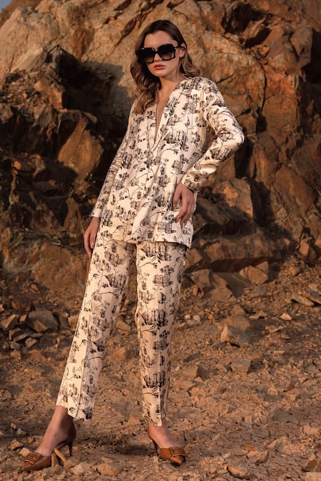 AFRIYA Cream Linen, Satin Floral Reverie Blazer And Trouser Co-ord Set at Aza Fashions AFRIYA_Cream Linen, Satin Floral Reverie Blazer And Trouser Co-ord Set _at_Aza_Fashions