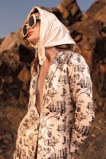 AFRIYA_Linen, Satin Floral Reverie Long Blazer _at_Aza_Fashions