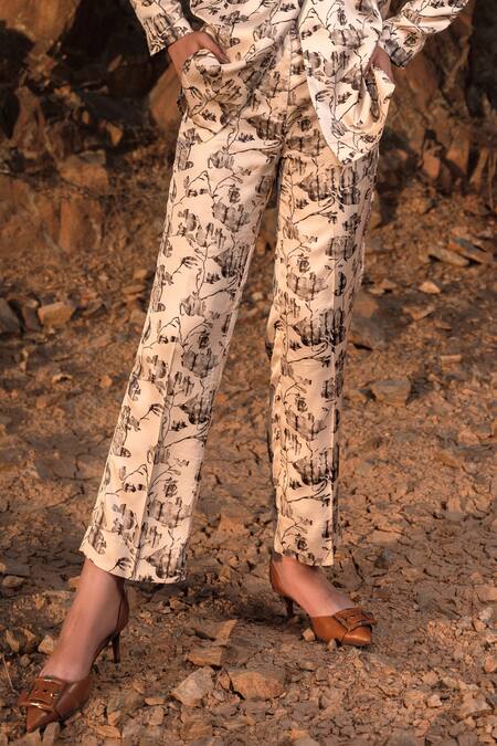 Shop AFRIYA White Linen, Satin Floral Reverie Trouser Online at Aza Fashions Shop_AFRIYA_White Linen, Satin Floral Reverie Trouser _Online_at_Aza_Fashions