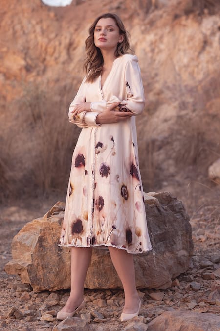 Buy_AFRIYA_Cream Linen, Satin Lace V-neck Serene Garden Midi Dress _Online_at_Aza_Fashions