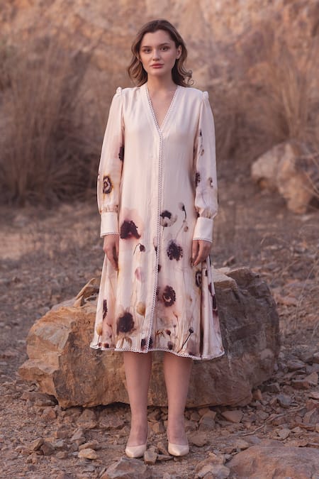 Shop_AFRIYA_Cream Linen, Satin Lace V-neck Serene Garden Midi Dress _Online_at_Aza_Fashions