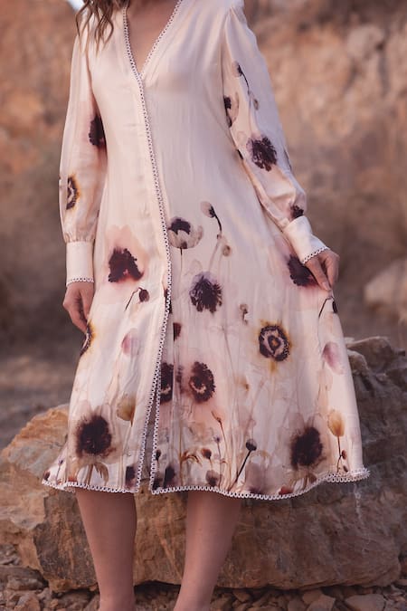 AFRIYA_Cream Linen, Satin Lace V-neck Serene Garden Midi Dress _at_Aza_Fashions