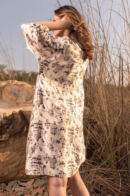 AFRIYA_Beige Linen, Satin V-neck Floral Reverie Kaftan Dress _Online_at_Aza_Fashions