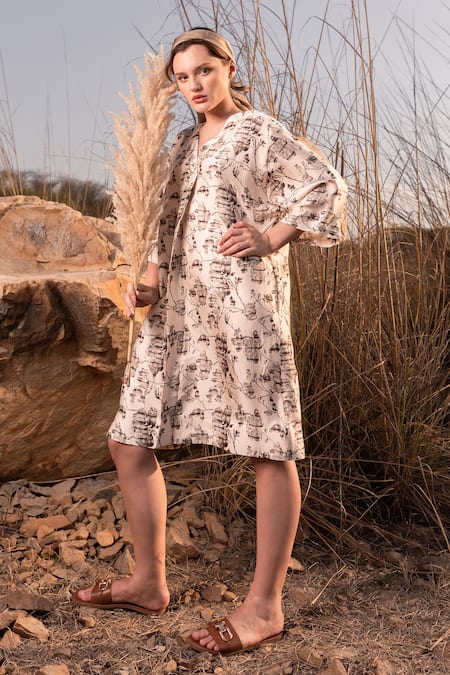 Buy_AFRIYA_Beige Linen, Satin V-neck Floral Reverie Kaftan Dress _Online_at_Aza_Fashions
