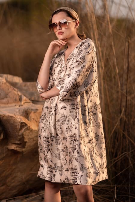 AFRIYA_Beige Linen, Satin V-neck Floral Reverie Kaftan Dress _at_Aza_Fashions