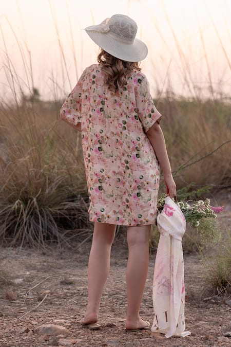 Shop AFRIYA Pink Linen, Satin Round Neck Whispering Pastels Short Dress at Aza Fashions Shop_AFRIYA_Pink Linen, Satin Round Neck Whispering Pastels Short Dress _at_Aza_Fashions