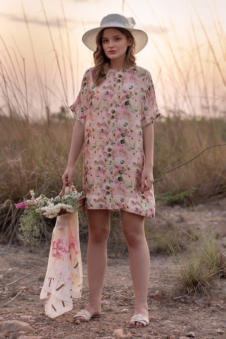 Shop AFRIYA Pink Linen, Satin Round Neck Whispering Pastels Short Dress Online at Aza Fashions Shop_AFRIYA_Pink Linen, Satin Round Neck Whispering Pastels Short Dress _Online_at_Aza_Fashions