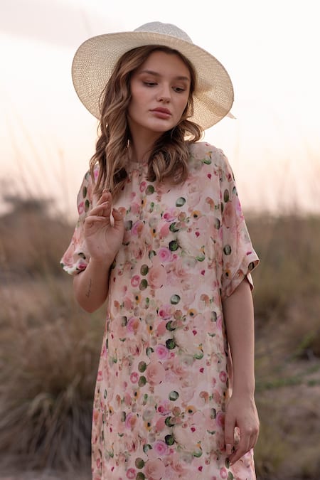 AFRIYA Pink Linen, Satin Round Neck Whispering Pastels Short Dress at Aza Fashions AFRIYA_Pink Linen, Satin Round Neck Whispering Pastels Short Dress _at_Aza_Fashions