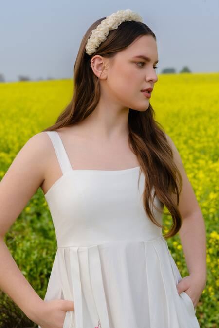 AFRIYA_White Linen, Satin Square Neck Flower Meadow Print Dress _Online_at_Aza_Fashions