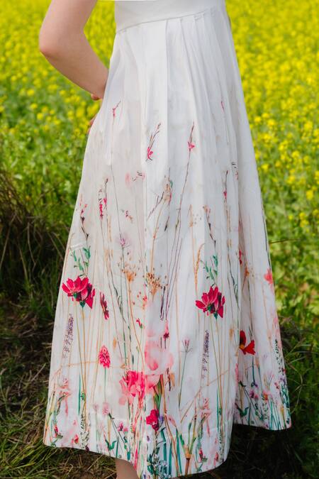 Buy_AFRIYA_White Linen, Satin Square Neck Flower Meadow Print Dress _Online_at_Aza_Fashions