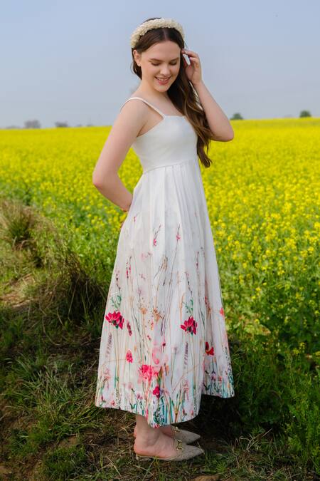 Shop_AFRIYA_White Linen, Satin Square Neck Flower Meadow Print Dress _Online_at_Aza_Fashions