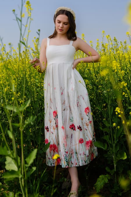 AFRIYA_White Linen, Satin Square Neck Flower Meadow Print Dress _at_Aza_Fashions