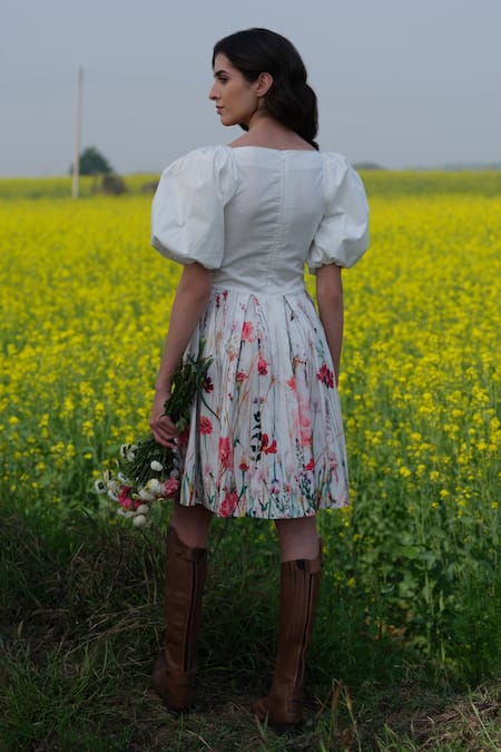 Shop_AFRIYA_White Poplin, Lycra Sweetheart Neck Flower Meadow Short Dress _at_Aza_Fashions