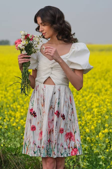 Shop_AFRIYA_White Poplin, Lycra Sweetheart Neck Flower Meadow Short Dress _Online_at_Aza_Fashions