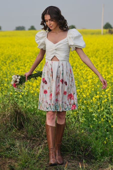 AFRIYA_White Poplin, Lycra Sweetheart Neck Flower Meadow Short Dress _at_Aza_Fashions