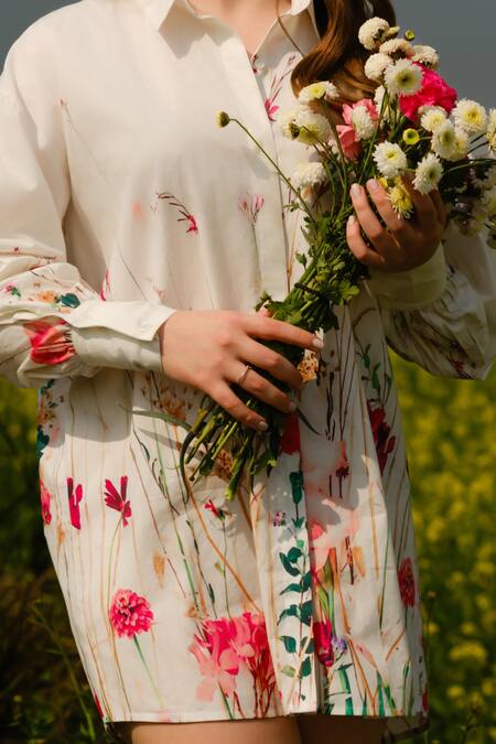 AFRIYA White Poplin Collared Multi Flower Meadow Long Shirt Online at Aza Fashions AFRIYA_White Poplin Collared Multi Flower Meadow Long Shirt _Online_at_Aza_Fashions