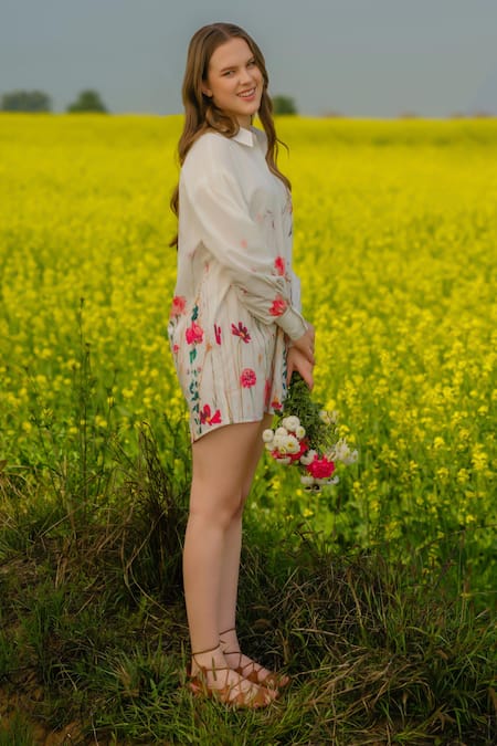 AFRIYA White Poplin Collared Multi Flower Meadow Long Shirt at Aza Fashions AFRIYA_White Poplin Collared Multi Flower Meadow Long Shirt _at_Aza_Fashions