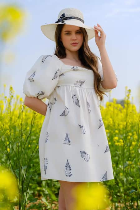 AFRIYA White Poplin, Lycra Square Neck Fern Short Bow Dress Online at Aza Fashions AFRIYA_White Poplin, Lycra Square Neck Fern Short Bow Dress _Online_at_Aza_Fashions