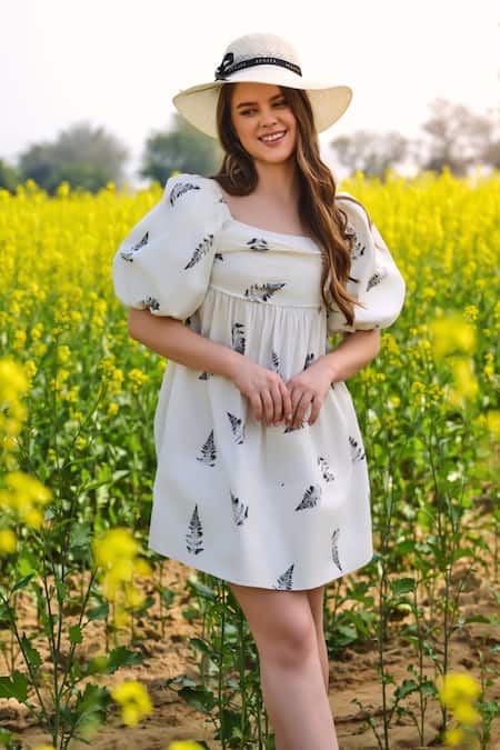 AFRIYA White Poplin, Lycra Square Neck Fern Short Bow Dress at Aza Fashions AFRIYA_White Poplin, Lycra Square Neck Fern Short Bow Dress _at_Aza_Fashions