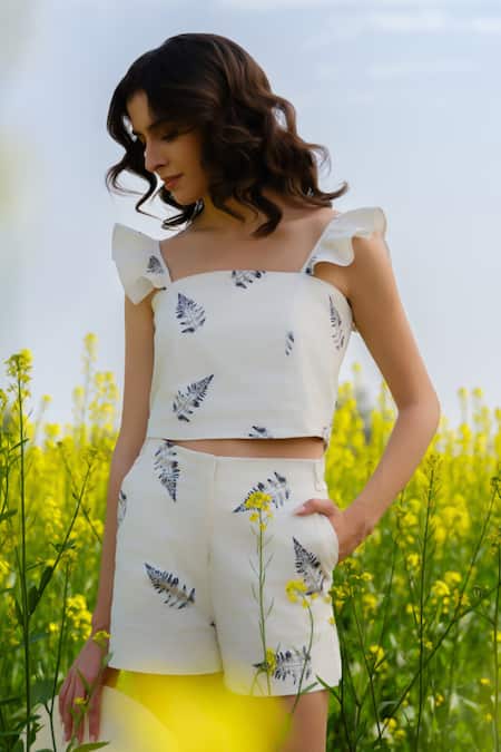 AFRIYA_White Poplin, Lycra Monochrome Fern Shorts _Online_at_Aza_Fashions