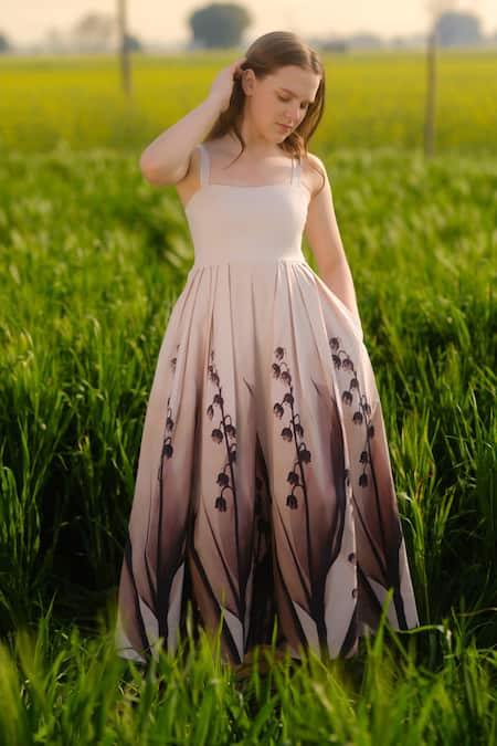 AFRIYA_Peach Poplin Square Neck Lilies Meadow Long Dress _Online_at_Aza_Fashions