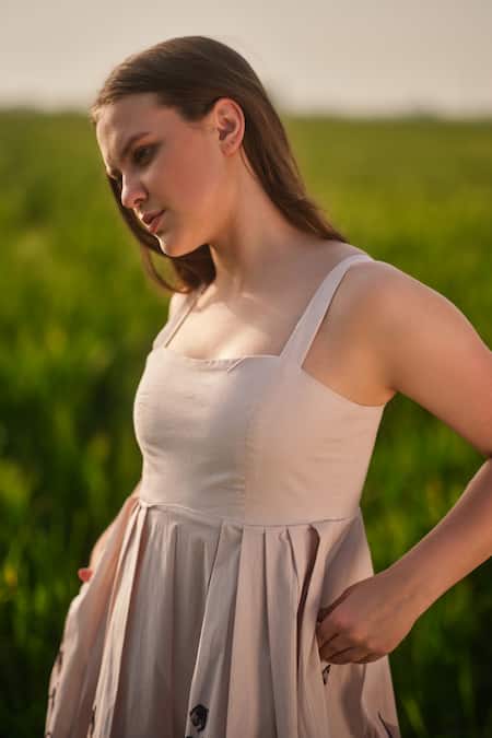 Shop_AFRIYA_Peach Poplin Square Neck Lilies Meadow Long Dress _Online_at_Aza_Fashions