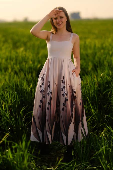 AFRIYA_Peach Poplin Square Neck Lilies Meadow Long Dress _at_Aza_Fashions