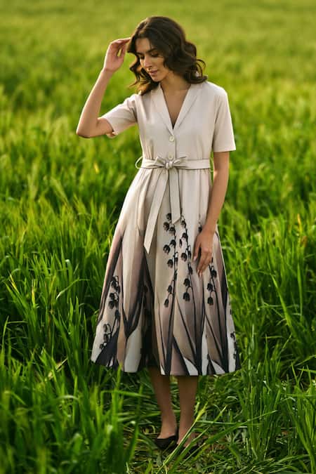 AFRIYA Multi Color Poplin, Lycra Collared Peach Lilies Meadow Blazer Dress