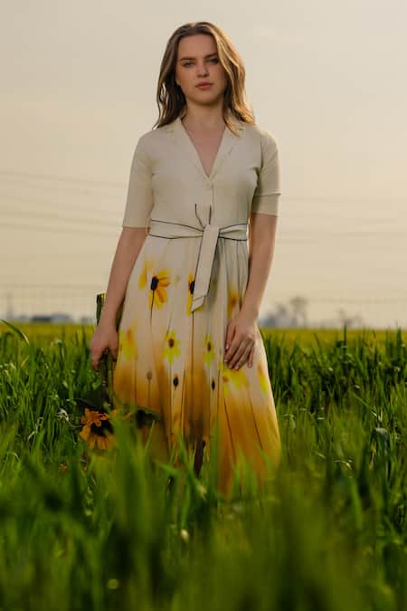 AFRIYA_Yellow Poplin, Lycra Collared Meadow Blazer Dress _Online_at_Aza_Fashions