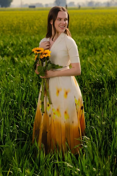 AFRIYA_Yellow Poplin, Lycra Collared Meadow Blazer Dress _at_Aza_Fashions