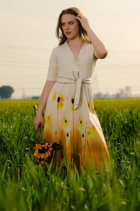 Buy_AFRIYA_Yellow Poplin, Lycra Collared Meadow Blazer Dress 