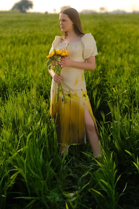 AFRIYA Yellow Poplin, Lycra Round Neck Meadow Midi Dress