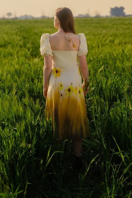 Shop AFRIYA Yellow Poplin, Lycra Round Neck Meadow Midi Dress at Aza Fashions Shop_AFRIYA_Yellow Poplin, Lycra Round Neck Meadow Midi Dress _at_Aza_Fashions