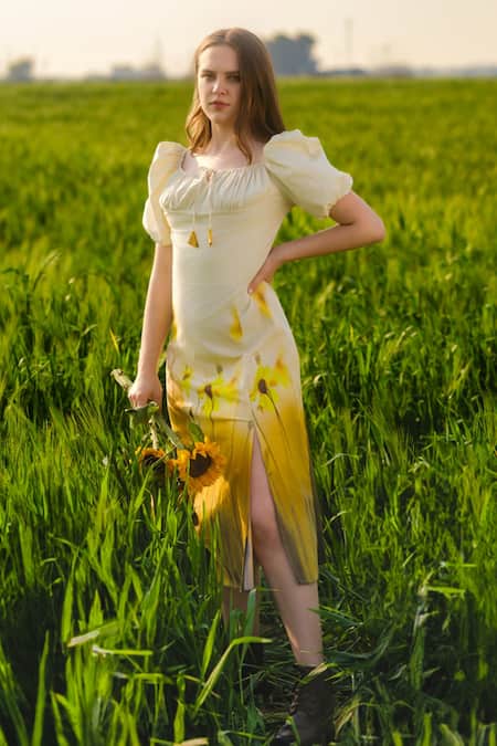 AFRIYA Yellow Poplin, Lycra Round Neck Meadow Midi Dress Online at Aza Fashions AFRIYA_Yellow Poplin, Lycra Round Neck Meadow Midi Dress _Online_at_Aza_Fashions