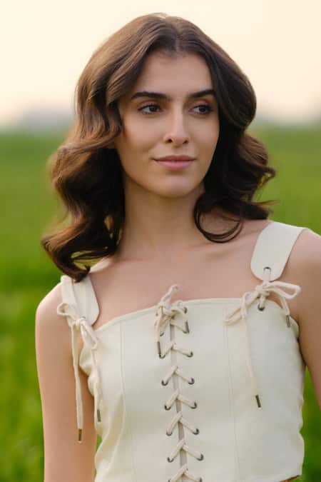 AFRIYA Cream Poplin, Lycra Square Neck Yellow Meadow Corset Crop Top Online at Aza Fashions AFRIYA_Cream Poplin, Lycra Square Neck Yellow Meadow Corset Crop Top _Online_at_Aza_Fashions